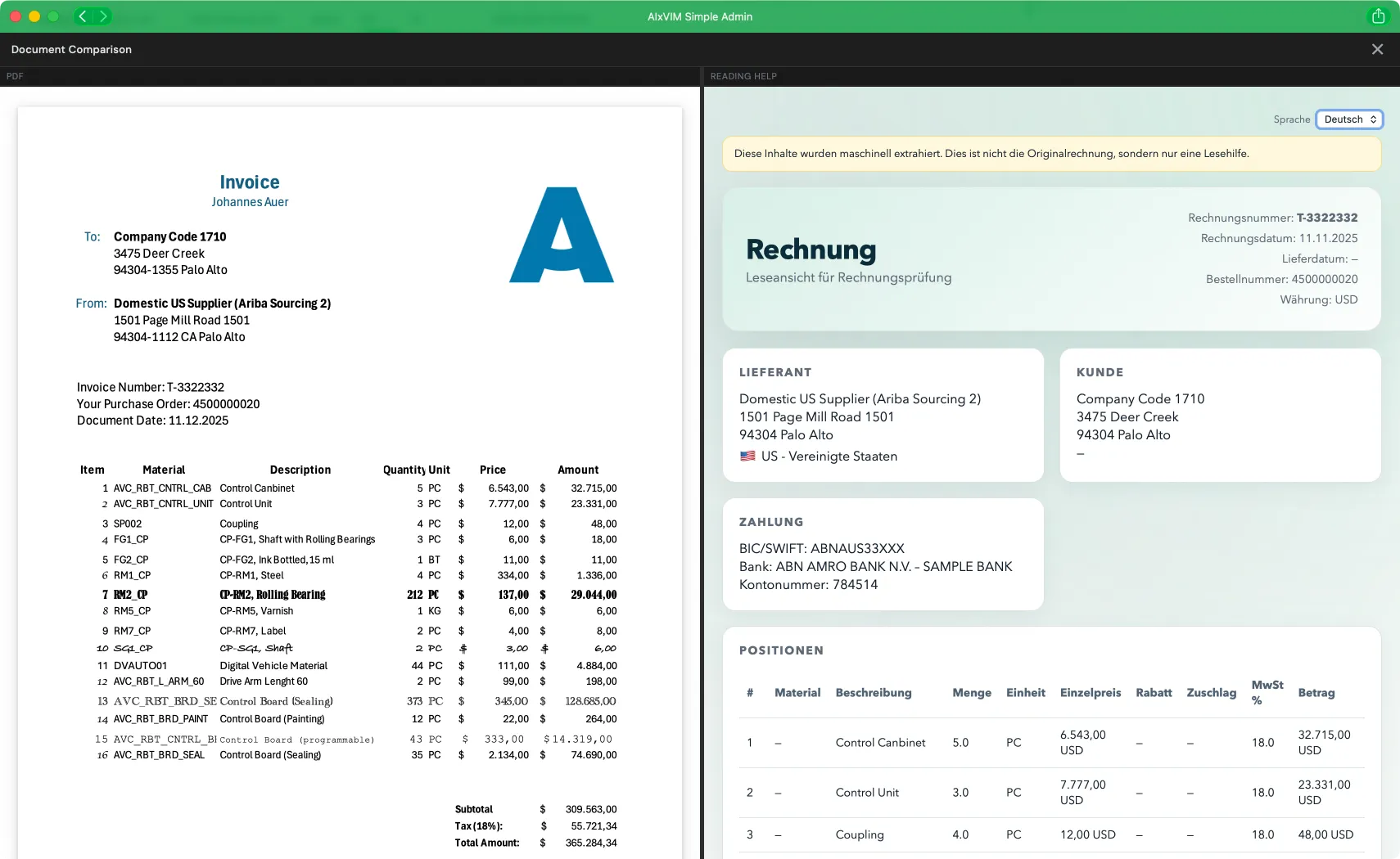 AIxVIM comparison view: original invoice on the left, machine-generated reading view with all 16 line items on the right