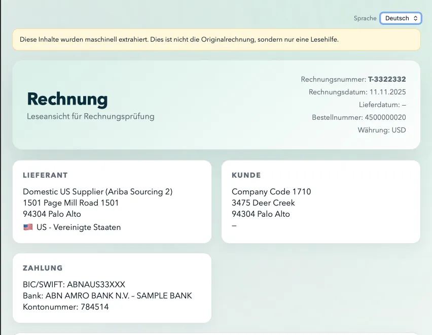 Reading view of the same invoice in German