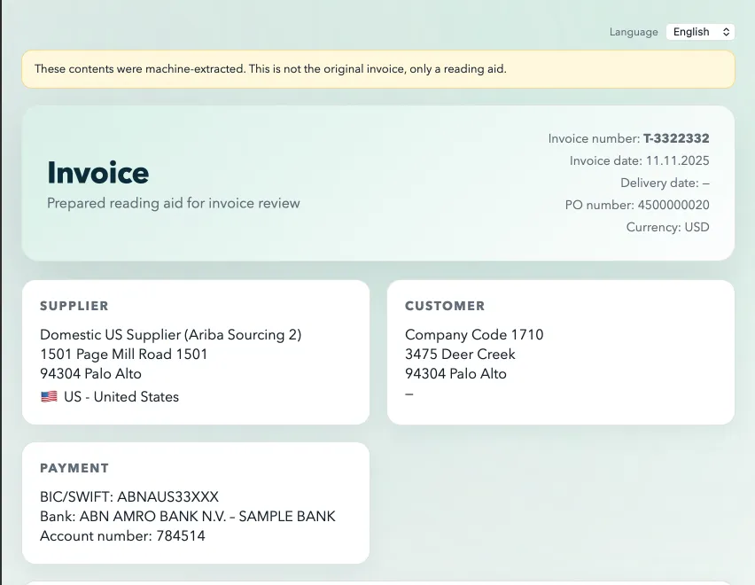 Reading view of the same invoice in English