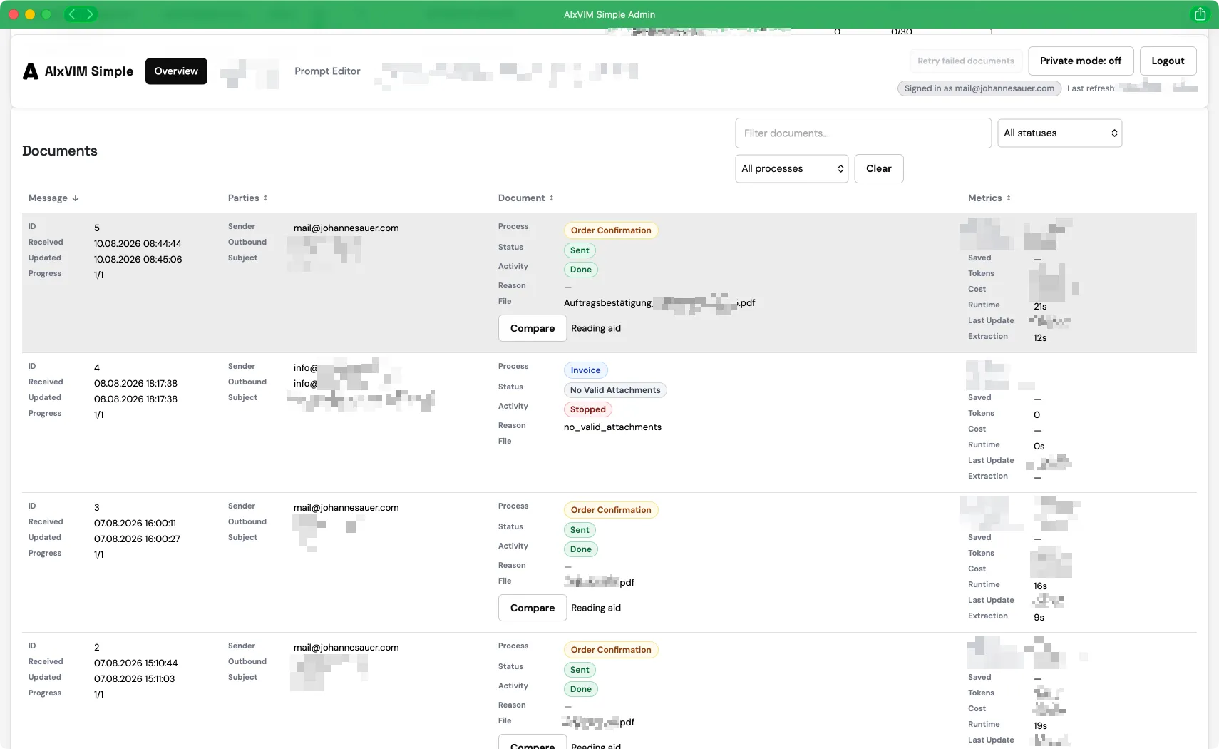 AIxVIM overview: list of processed documents with process, status, runtime and metrics