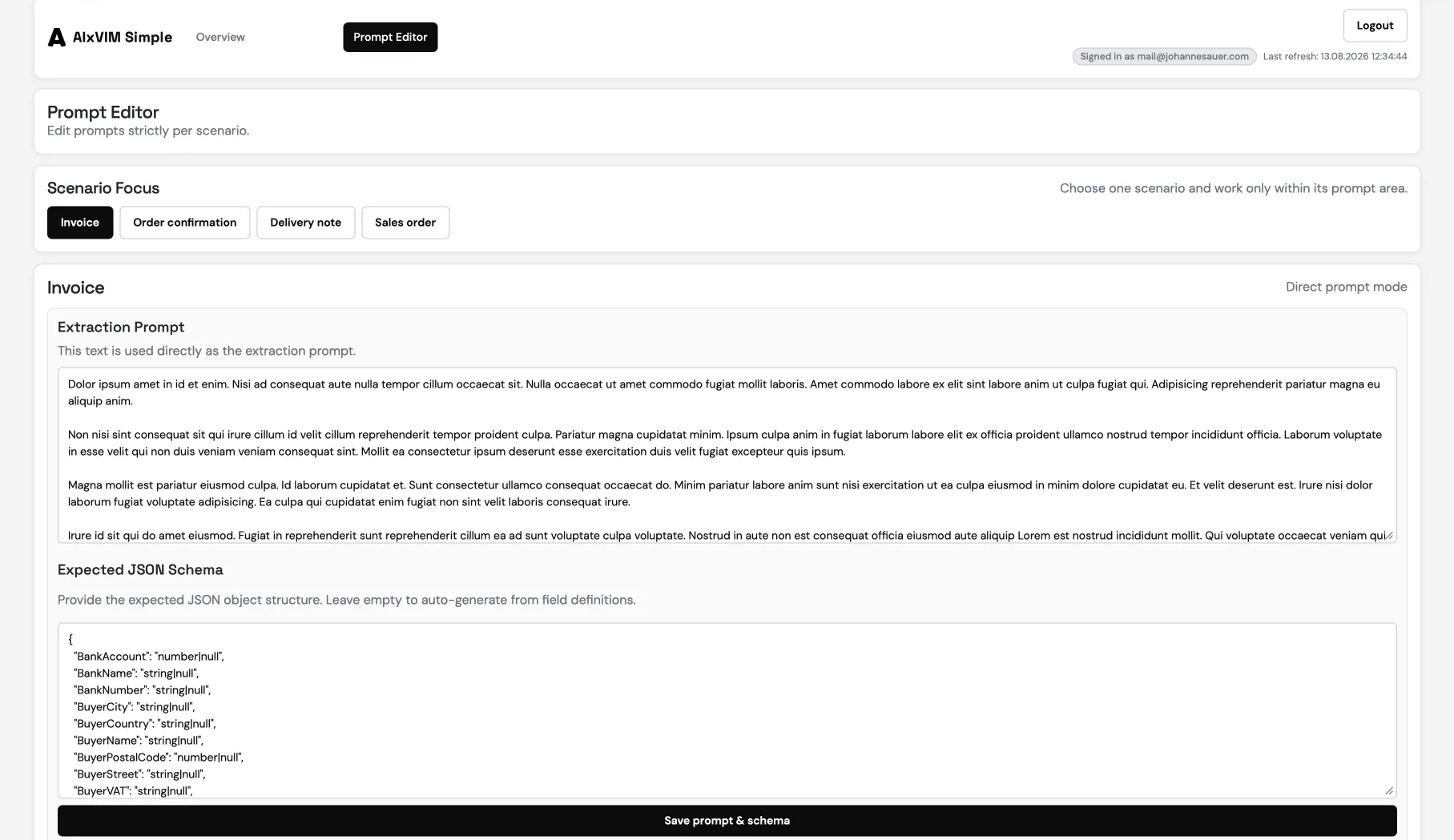 AIxVIM prompt editor: invoice, order confirmation, delivery note and sales order, each with its own JSON schema